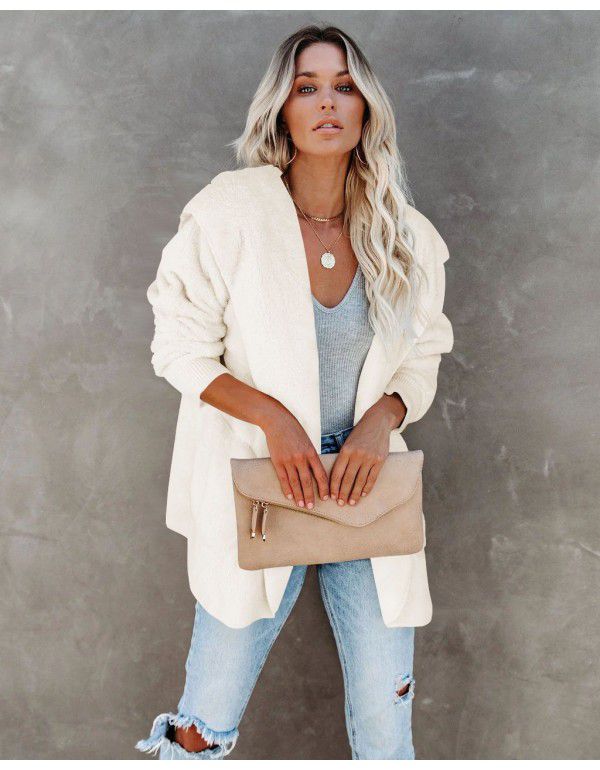 Women's long-sleeved coat casual hooded solid color cardigan plush woman 