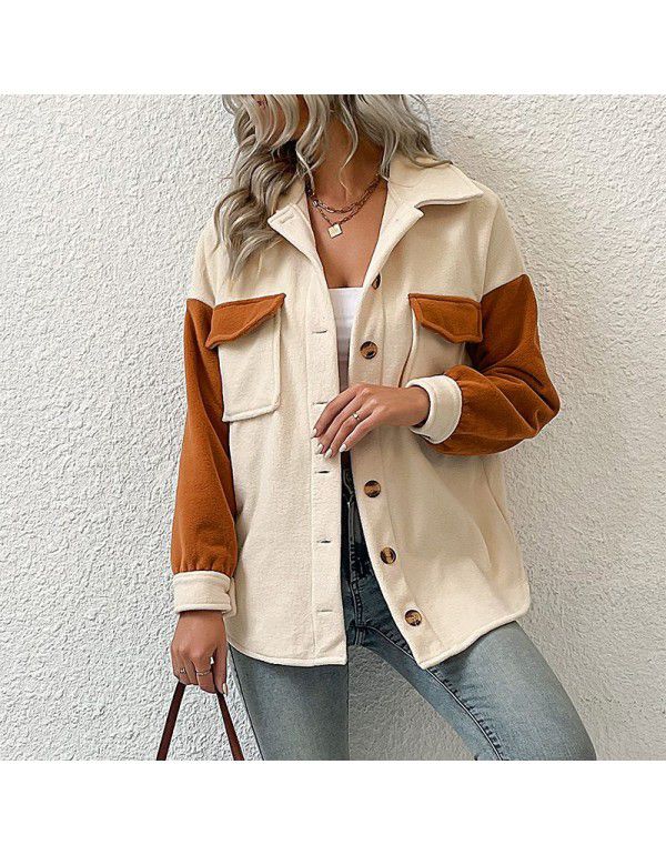 Autumn and winter new European and American fashion women's lapel color contrast long-sleeved fleece coat 