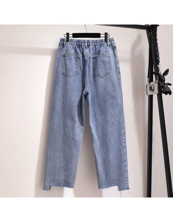 Spring New Broken Hole Denim Pants Straight Leg Wide Leg Casual Women's Pants