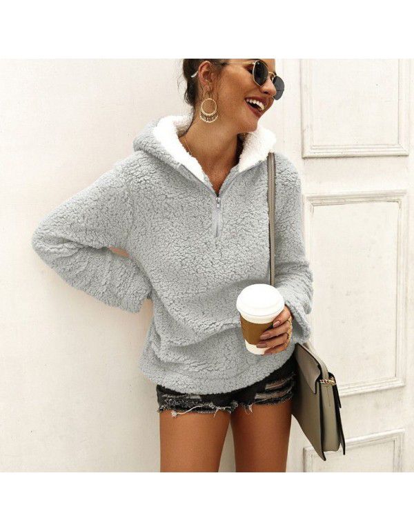 Autumn and Winter Women's Thermal Top Plush Coat Zip Hooded Sweater