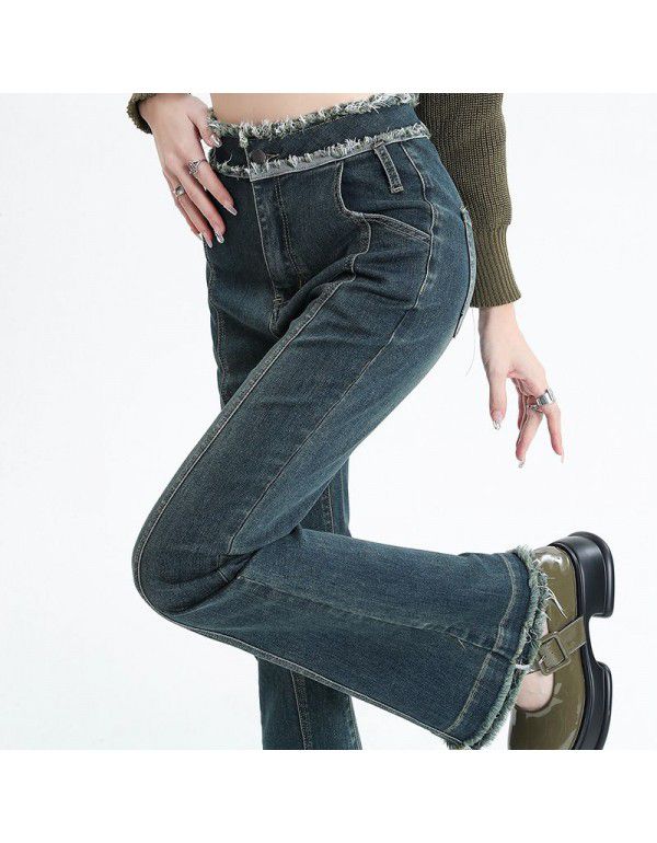 Autumn and Winter New High Waist Jeans for Women Sweet Cool Spicy Girls Double Layer Hem Pants with Raw Hem Flare Pants Versatile