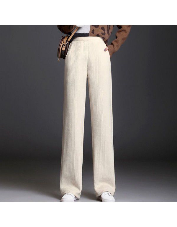 Source straight cut chenille wide leg pants women's winter plush thickened extra-thick draping loose straight tube casual pants 