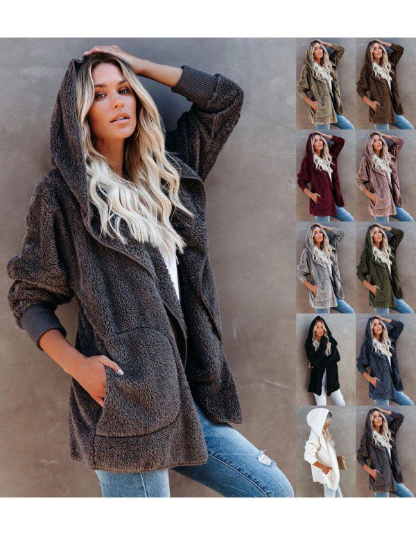 Women's long-sleeved coat casual hooded solid colo...