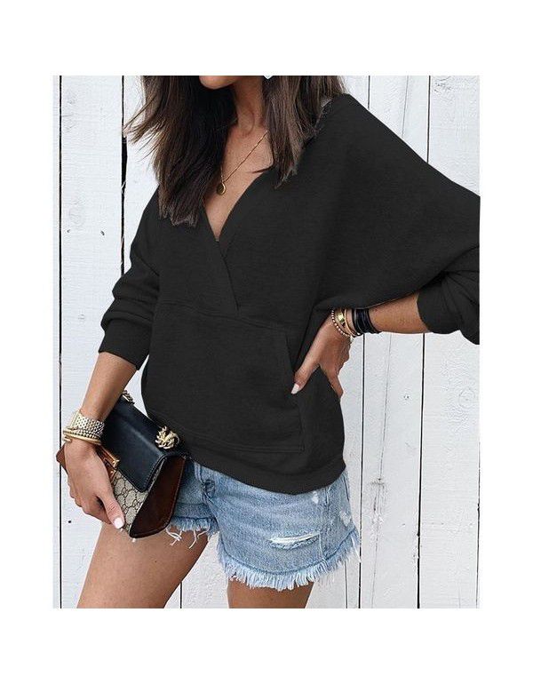 Autumn and Winter New Long Sleeve Panel Pocket V-Neck Sweater Women