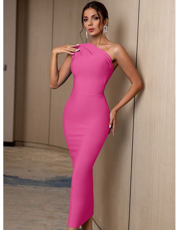 New Fashion Elegant Women's One Shoulder Bandage Dress Sexy Sleeveless Tight Sky Blue Evening Dress 