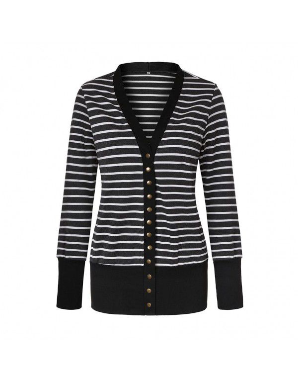 Women's striped patchwork medium length long sleeve single breasted cardigan jacket