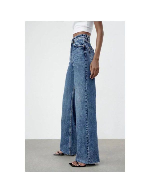 Leisure fashion retro high waist jeans autumn women's trousers loose show thin show leg long hair edge wide leg pants 