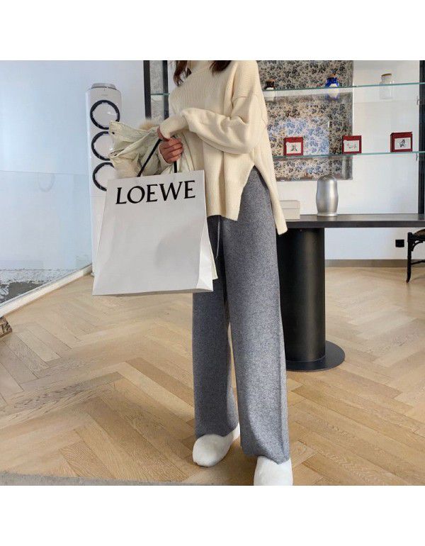 Cream White Knitted Wide Leg Pants Women's Winter Women's New Elastic Waist High Waist Drop Straight Leg Pants