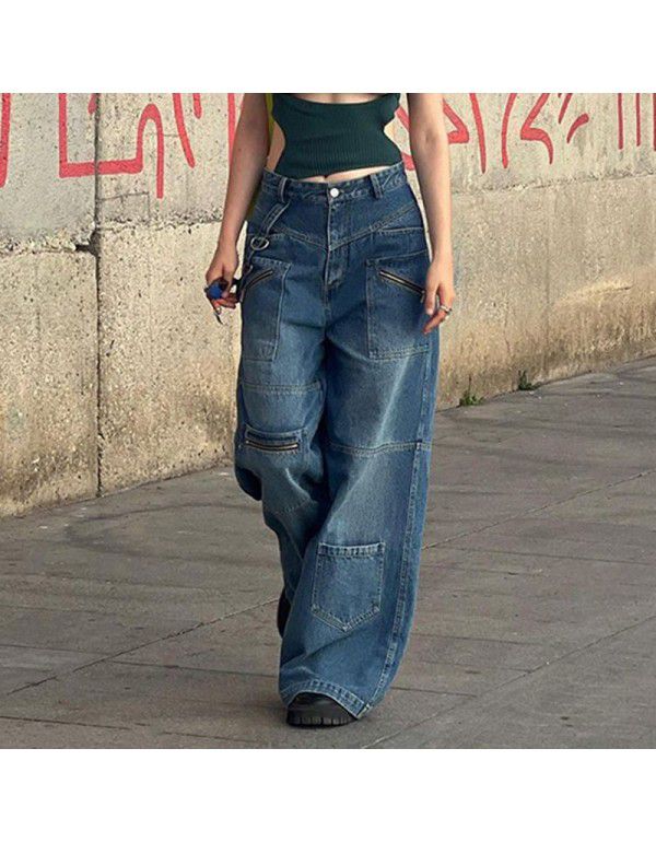 American Style Tall Multi Pocket Zippered Old Jeans Women's New Strap Straight Leg Wide Leg Pants