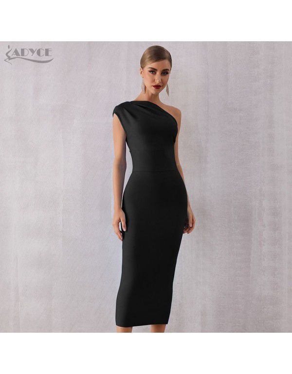 New Fashion Elegant Women's One Shoulder Bandage Dress Sexy Sleeveless Tight Sky Blue Evening Dress 