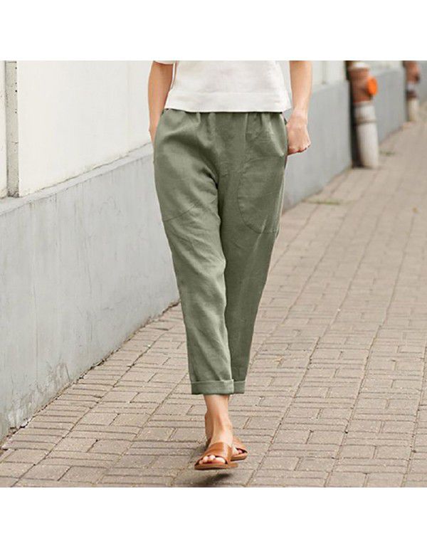 Spring and Autumn New Linen Cotton Loose Show Thin Straight Tube Show Thin Radish Haren Pants Large Women's 9-point Casual Pants 