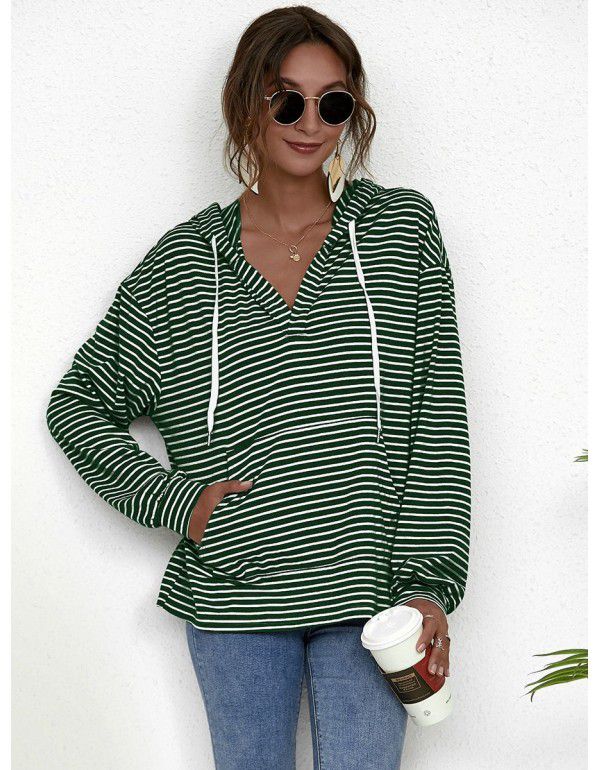 Spring new European and American women's hooded striped top loose sweater women 