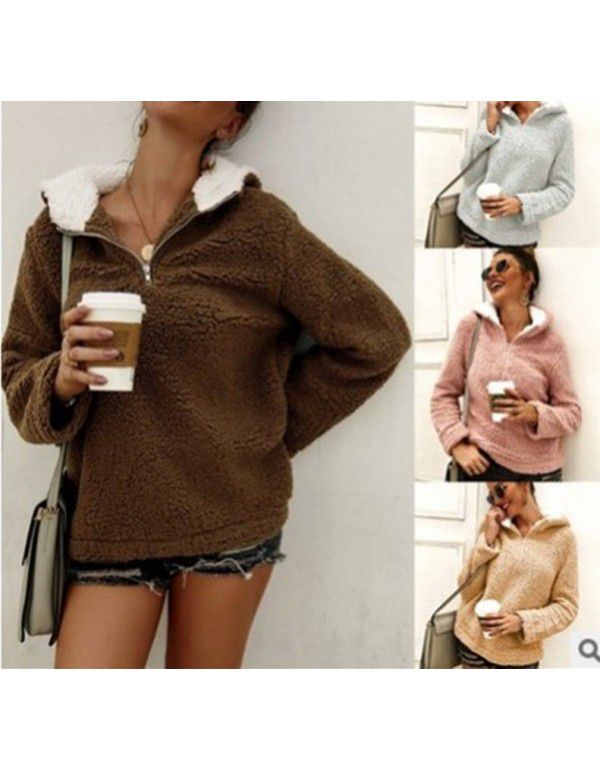 Autumn and Winter Women's Thermal Top Plush Coat Zip Hooded Sweater