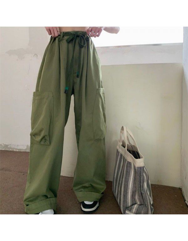 Retro Strap Workwear Casual Pants Women's Summer New High Waist Green Straight Tube Loose Relaxed Wide Leg Pants 