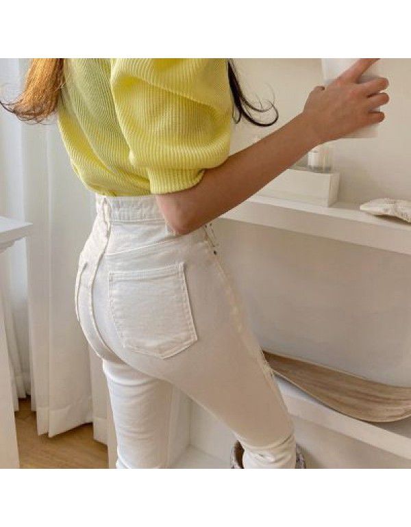 Korean High Waist White Jeans Women's Autumn/Winter Slim Fit and Slim French Split Straight Crop Pants with Broken Burr Edges