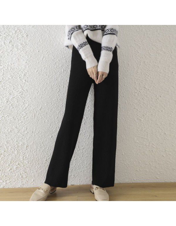 Autumn and Winter New Knitted Wide Leg Pants Women's Relaxed Casual High Waist Stretch Drop Straight Pants Small Women's Floor Towers 