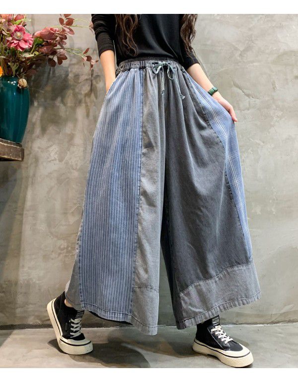 Denim Wide Leg Pants Spring New Fashion Personalized Color Matching Old Size Skirt Pants Cropped Pants Women