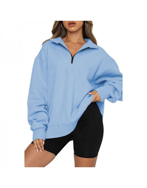 Women's sweater Women's new European and American solid color half zip pullover long sleeve loose top