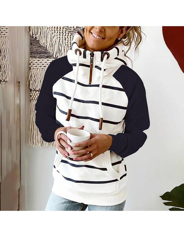 Printed Hooded Drawstring Sweater Loose Pullover C...