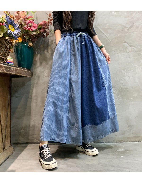 Denim Wide Leg Pants Spring New Fashion Personalized Color Matching Old Size Skirt Pants Cropped Pants Women