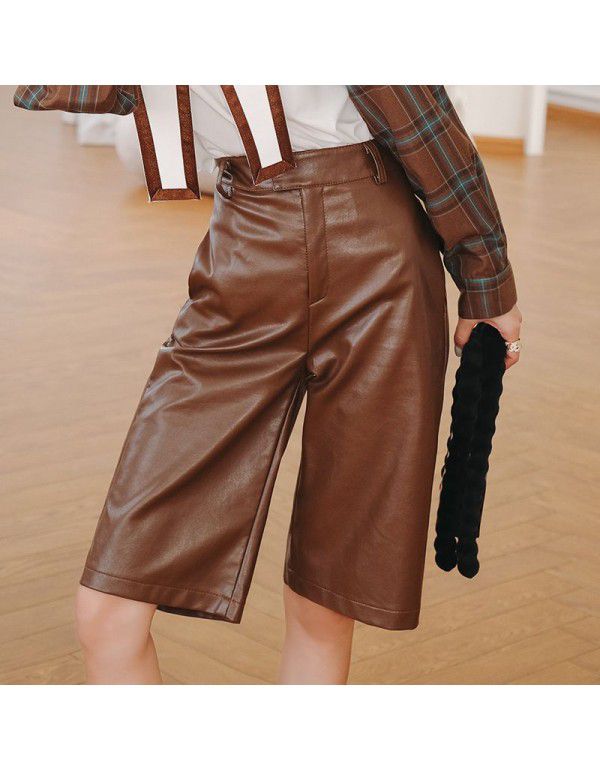 Brand pants for women with a small design sense Temperament leather pants Solid color high waist straight tube loose fit 