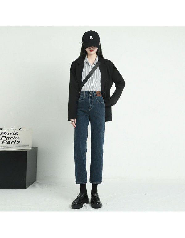 Black Small Straight Plush Jeans Women's High Waist Slim Fit Large Crop Pants