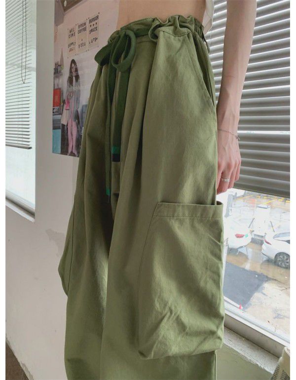 Retro Strap Workwear Casual Pants Women's Summer New High Waist Green Straight Tube Loose Relaxed Wide Leg Pants 