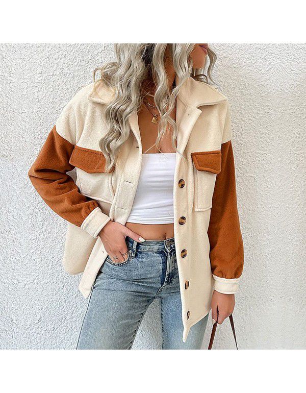 Autumn and winter new European and American fashion women's lapel color contrast long-sleeved fleece coat 