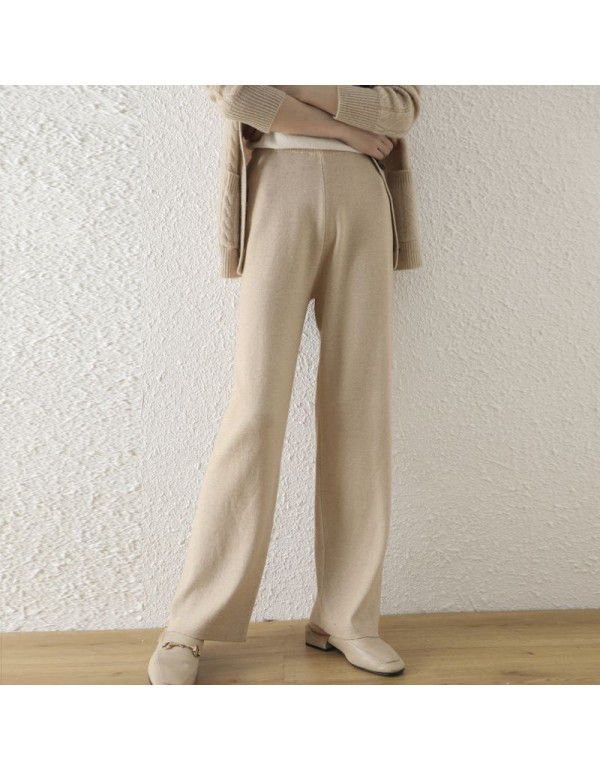 Autumn and Winter New Knitted Wide Leg Pants Women's Relaxed Casual High Waist Stretch Drop Straight Pants Small Women's Floor Towers 