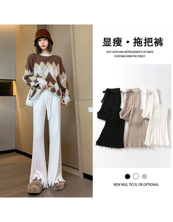 Thickened soft waxy white fringed knitted wide leg pants for women in autumn and winter, vertical pit, high waist drawstring, thin casual floor mop pants 