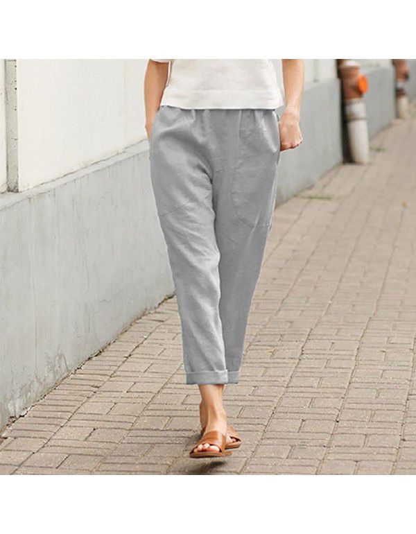 Spring and Autumn New Linen Cotton Loose Show Thin Straight Tube Show Thin Radish Haren Pants Large Women's 9-point Casual Pants 