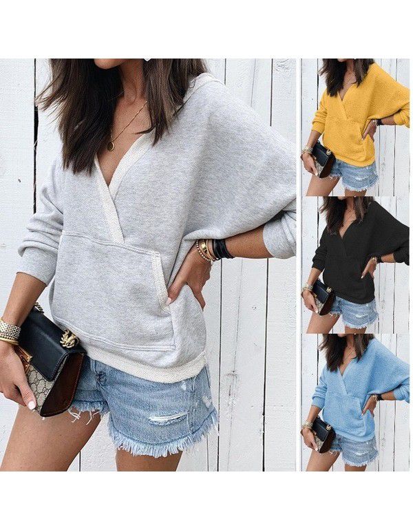 Autumn and Winter New Long Sleeve Panel Pocket V-Neck Sweater Women