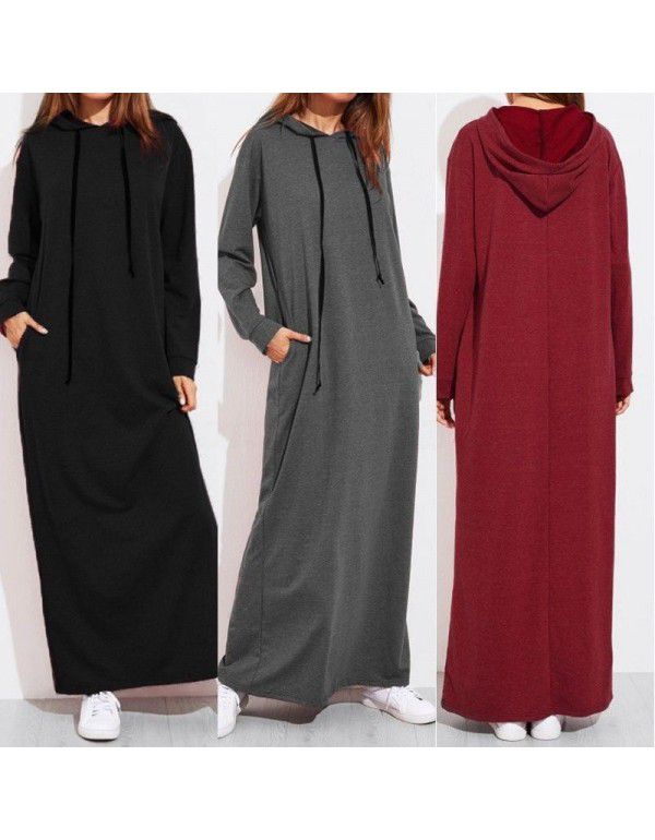 New Spring, Summer, Autumn European and American Women's Long Sleeve Hooded Long Sweater Dress