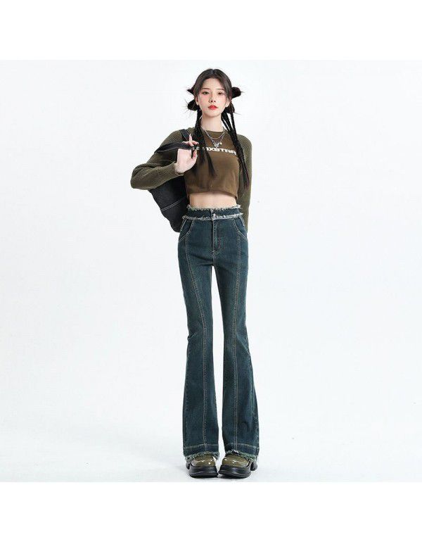 Autumn and Winter New High Waist Jeans for Women Sweet Cool Spicy Girls Double Layer Hem Pants with Raw Hem Flare Pants Versatile