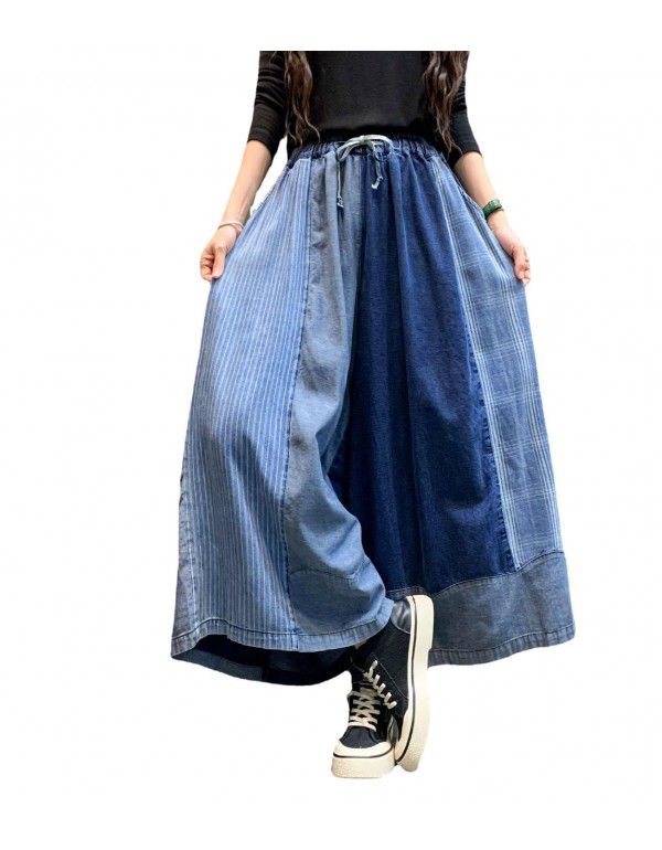 Denim Wide Leg Pants Spring New Fashion Personalized Color Matching Old Size Skirt Pants Cropped Pants Women