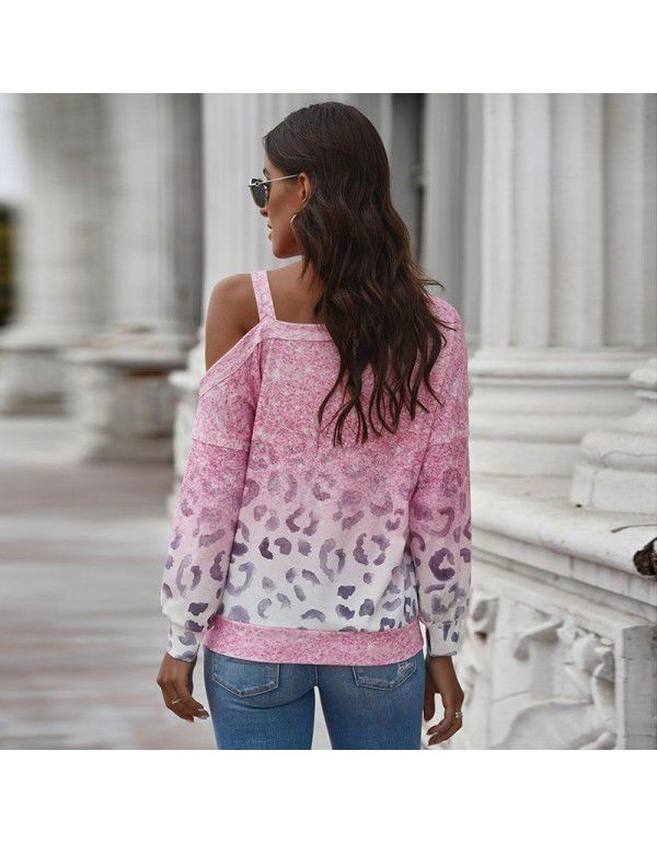 Gradient leopard print sweater Spring and Autumn New Long Sleeve Oblique Shoulder Off Shoulder Top Women