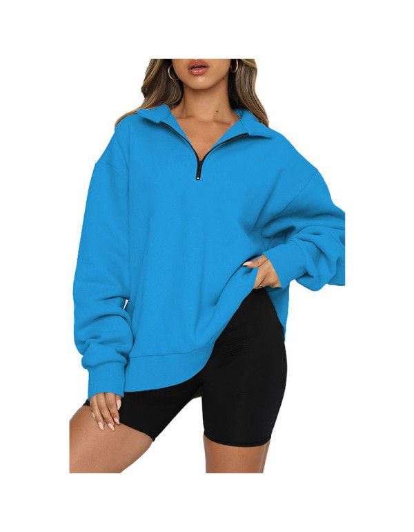 Women's sweater Women's new European and American solid color half zip pullover long sleeve loose top