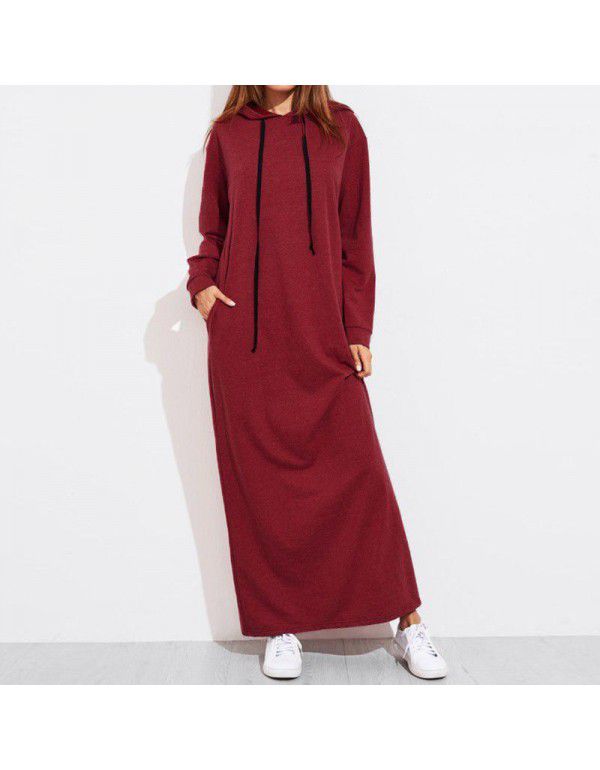 New Spring, Summer, Autumn European and American Women's Long Sleeve Hooded Long Sweater Dress