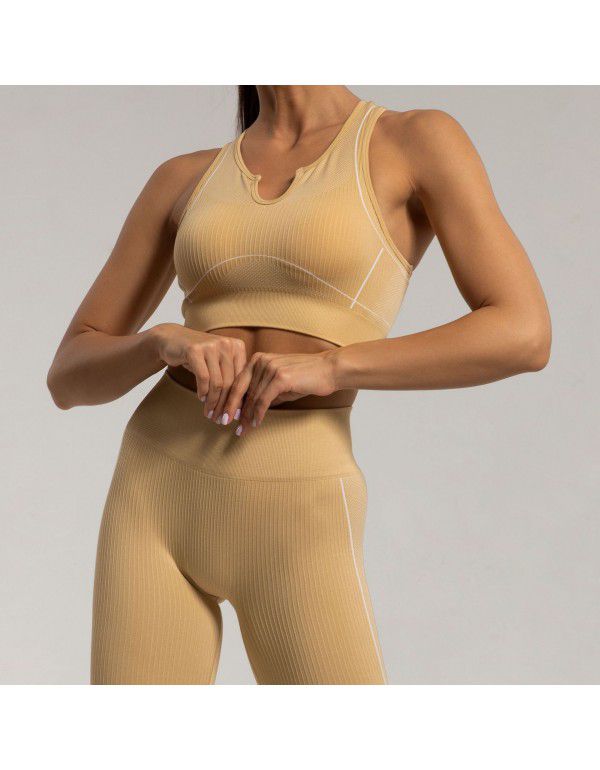 European and American seamless knitting yoga suit women's small v-neck sports bra tight-fitting buttock leggings fitness suit women's suit 