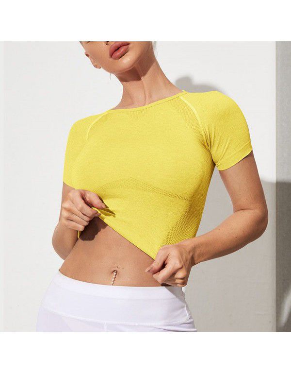 European and American fitness short sleeve open navel tight T-shirt cross-border seamless yoga short sleeve women's fitness clothes