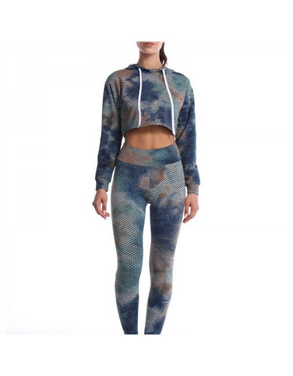 European and American tie dyed jacquard honeycomb tight hip lifting yoga suit long sleeve running fitness suit for women