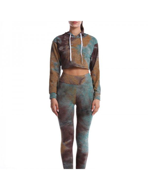 European and American tie dyed jacquard honeycomb tight hip lifting yoga suit long sleeve running fitness suit for women