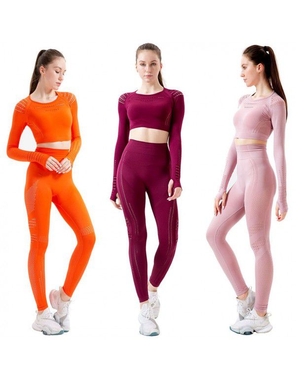 Yoga exercise suit fashion hollow breathable fitness suit women's high-end seamless European-American tights two-piece set 