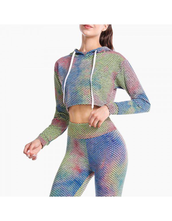 European and American tie dyed jacquard honeycomb tight hip lifting yoga suit long sleeve running fitness suit for women