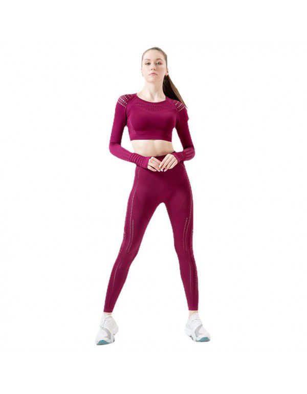 Yoga exercise suit fashion hollow breathable fitness suit women's high-end seamless European-American tights two-piece set 