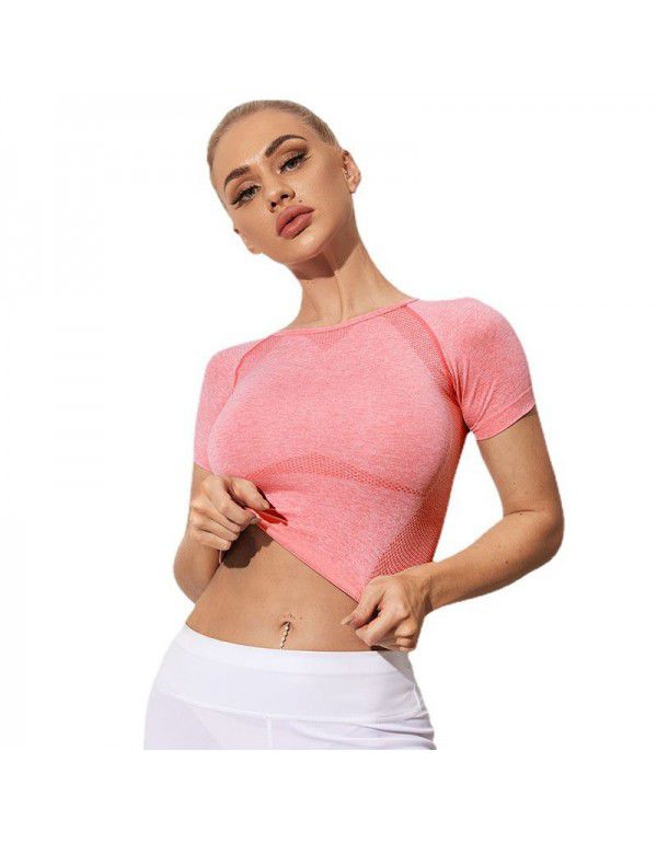 European and American fitness short sleeve open navel tight T-shirt cross-border seamless yoga short sleeve women's fitness clothes