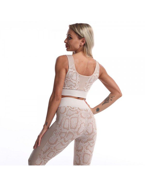 European and American snake pattern fitness suit women's high waist, hip lifting and quick drying sports vest, trousers, yoga suit 