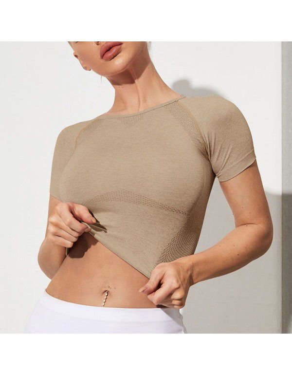 European and American fitness short sleeve open navel tight T-shirt cross-border seamless yoga short sleeve women's fitness clothes