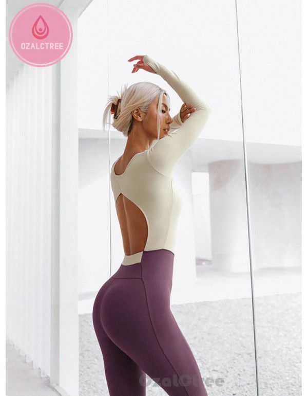 One-piece patchwork fitness suit women's spring and summer long-sleeved stretch bodysuit beauty back yoga suit dance suit 