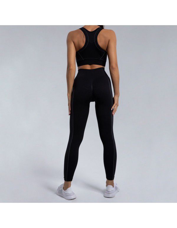 European and American seamless knitting yoga suit women's small v-neck sports bra tight-fitting buttock leggings fitness suit women's suit 